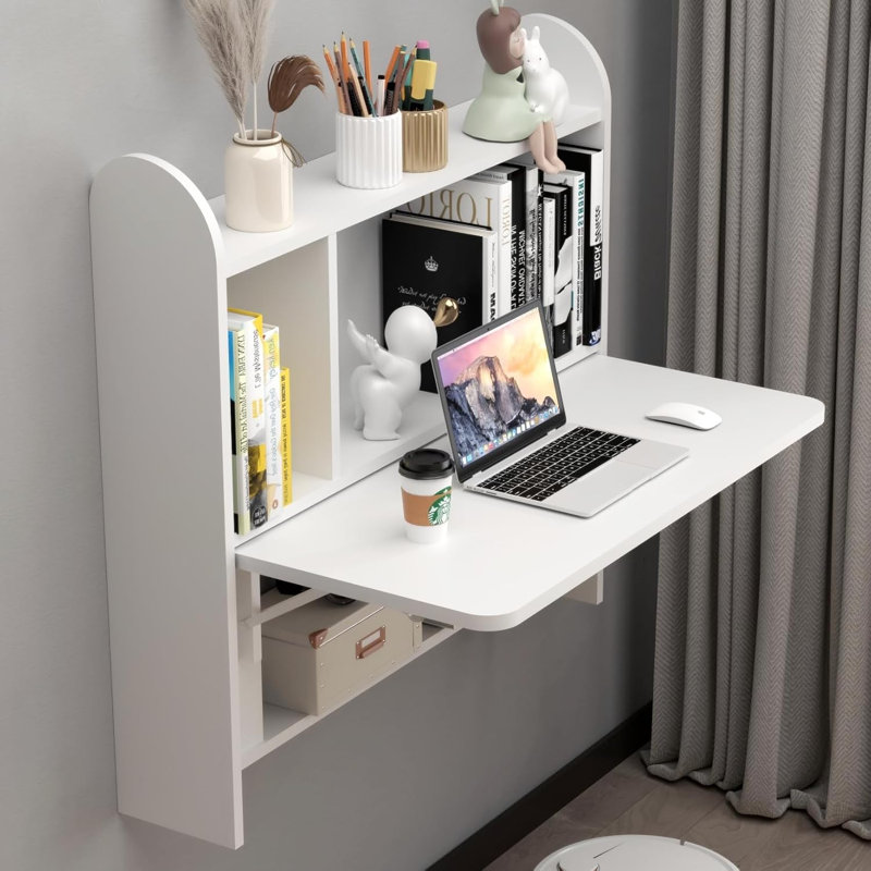 Wall Mounted Drop Leaf Table Floating Laptop Desk Folding Table with Shelves